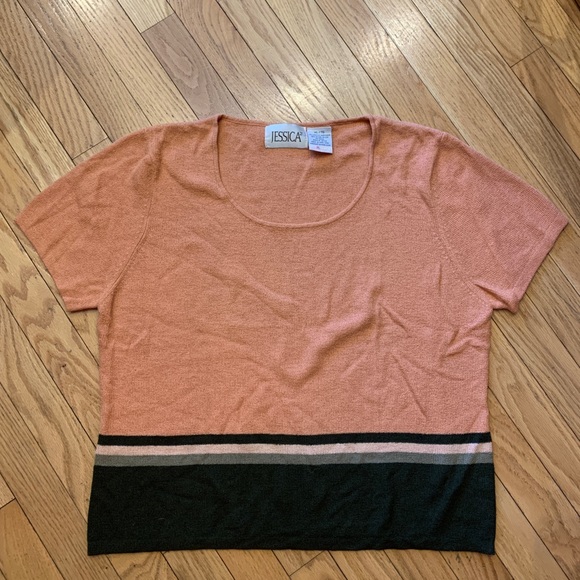 💙 Coral & Dark Green Striped Short Sleeve Sweater - Picture 3 of 4